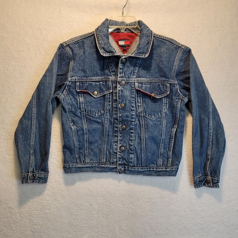 Vintage Tommy Hilfer Denim Hidden Hood Jacket Snap Button Unisex Zipper Size L